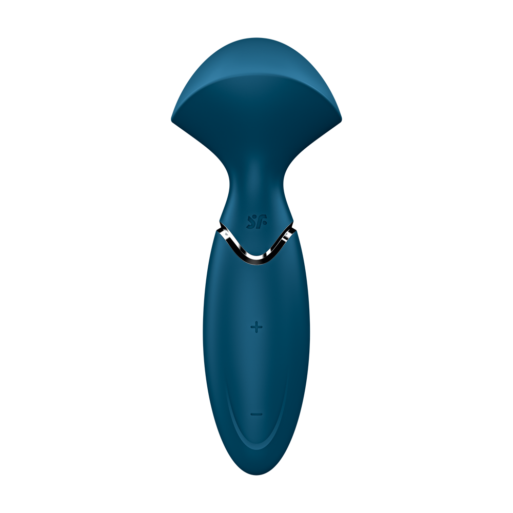 Blue Satisfyer mini wand massager with a curved head and button controls.