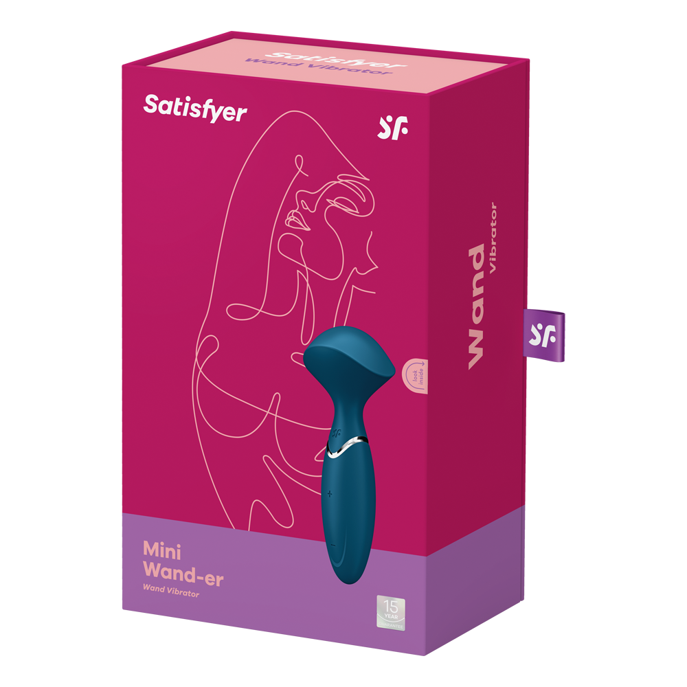 Satisfyer Mini Wand-er blue silicone vibrator on its pink and purple box.