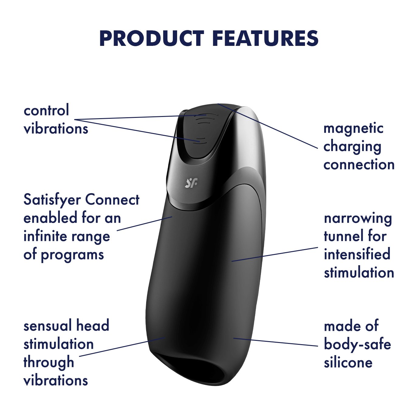App-controlled glans vibrator made of body-safe silicone with magnetic charging.