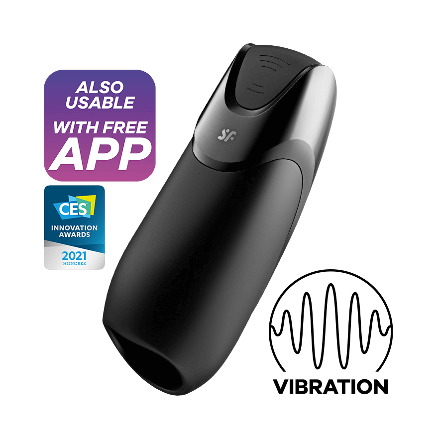 App-controlled, waterproof silicone glans vibrator with vibration icon.