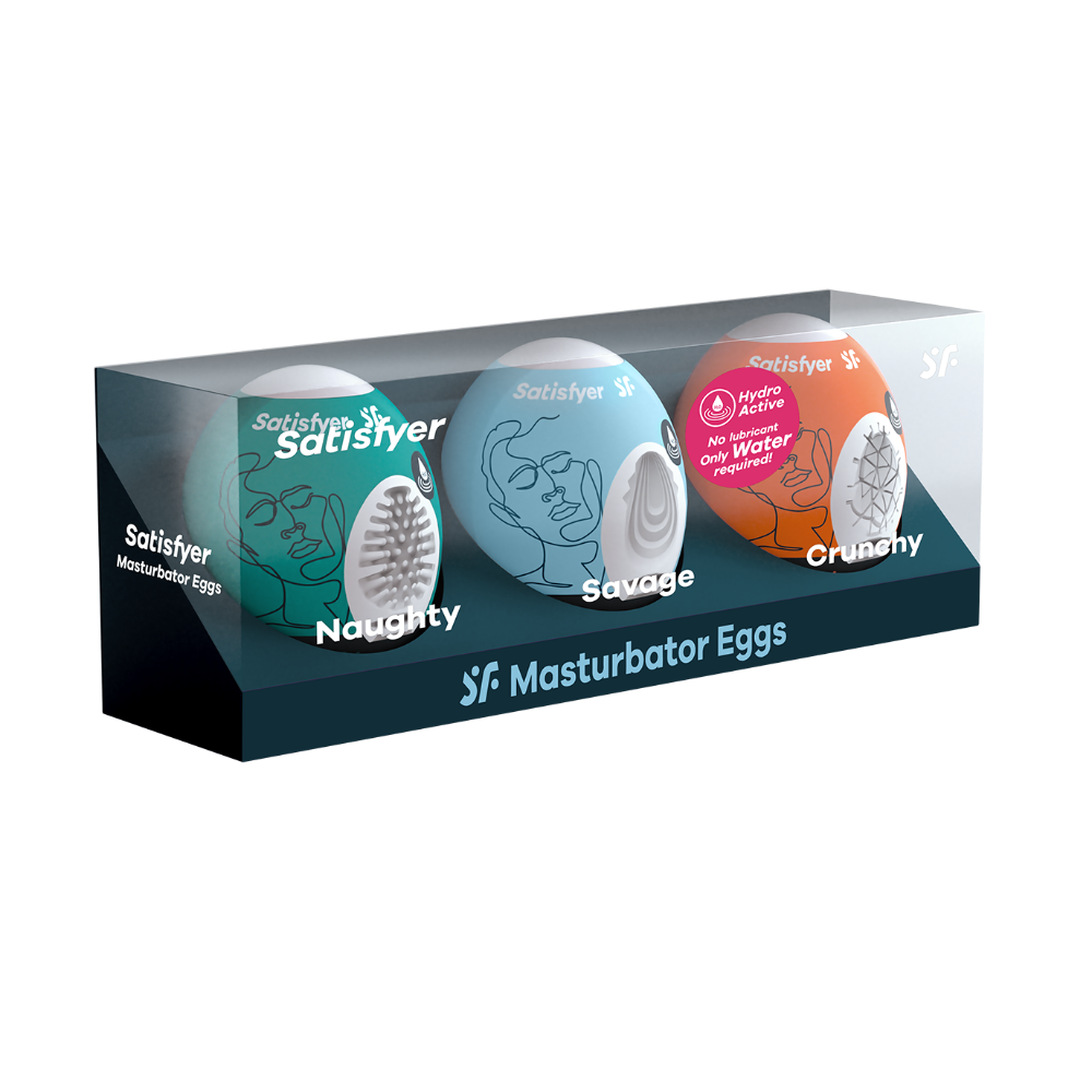 Satisfyer Masturbator Egg 3-piece set with Naughty, Savage, and Crunchy textures.