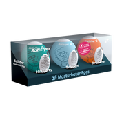 Satisfyer Masturbator Egg 3-piece set with Naughty, Savage, and Crunchy textures.