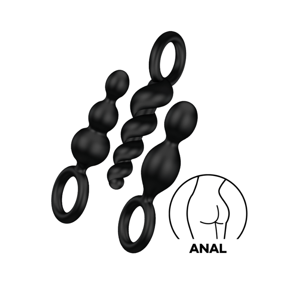 Black silicone anal plug set with three distinct shapes and ring handles.