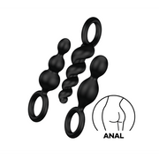 Black silicone anal plug set with three distinct shapes and ring handles.