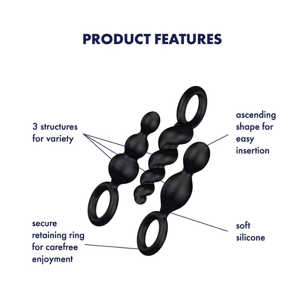 Three black silicone anal plugs with textured shapes and ring handles.