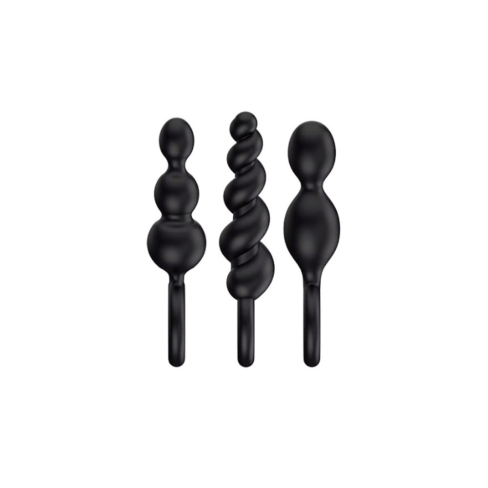 Three black silicone anal plugs with distinct shapes: a swirl, a triple bead, and a double probe.