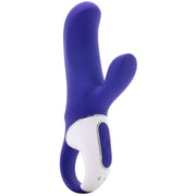 Blue silicone rabbit vibrator with white control panel and buttons.