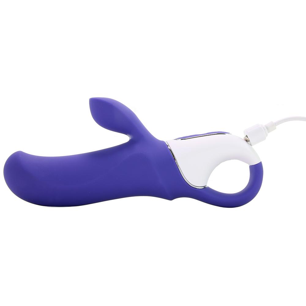 Blue silicone rabbit vibrator with white accents and charging cable.