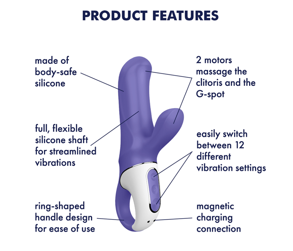 Blue silicone rabbit vibrator with dual motors and ring handle.