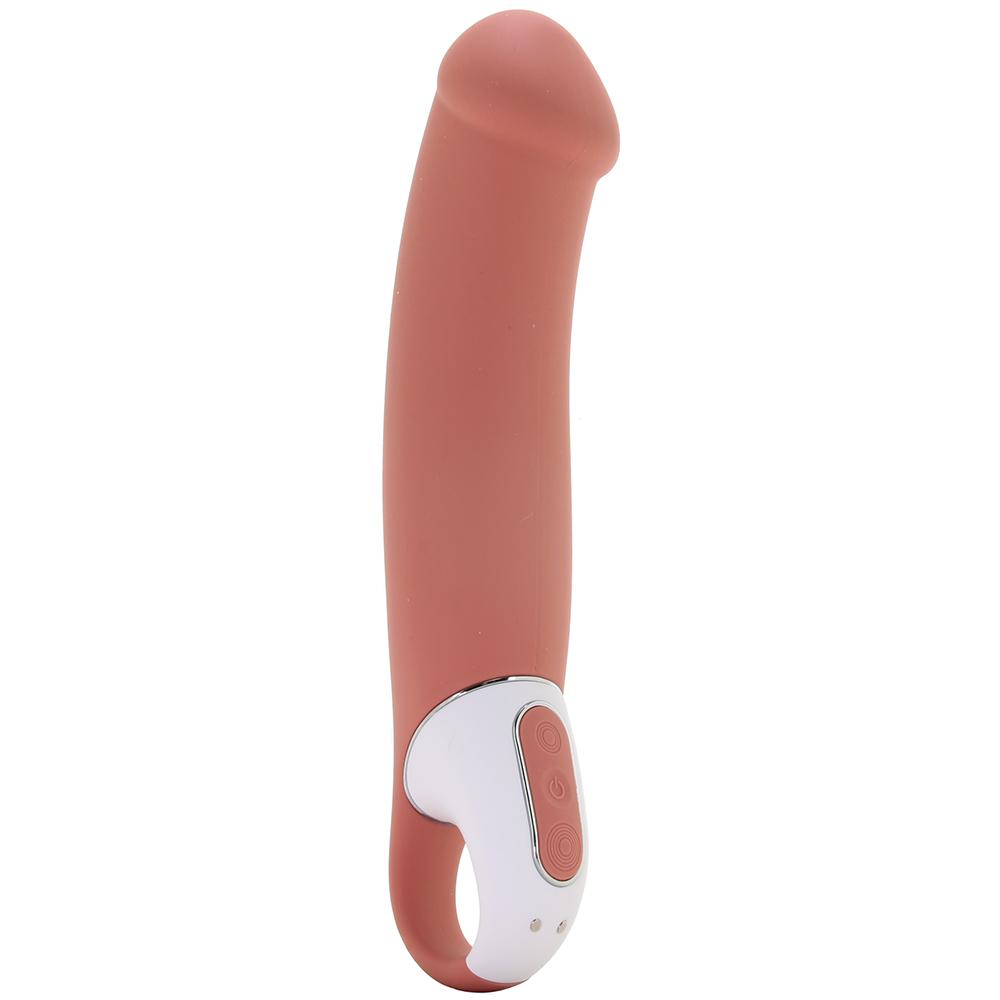 Pink rechargeable G-spot vibrator with curved shaft, looped handle, and 12 vibration modes.