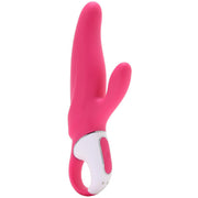 A pink dual-stimulating vibrator with a looped handle and white control panel.