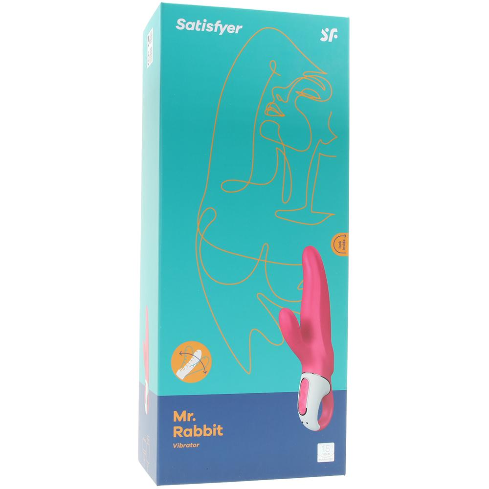 Satisfyer Mr. Rabbit vibrator in pink with a teal box featuring abstract art.