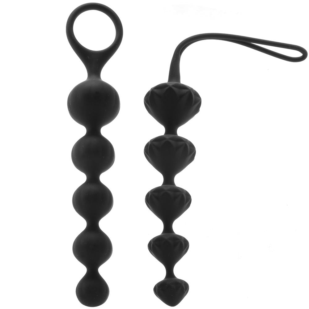 Two black silicone anal training bead sets with loops.