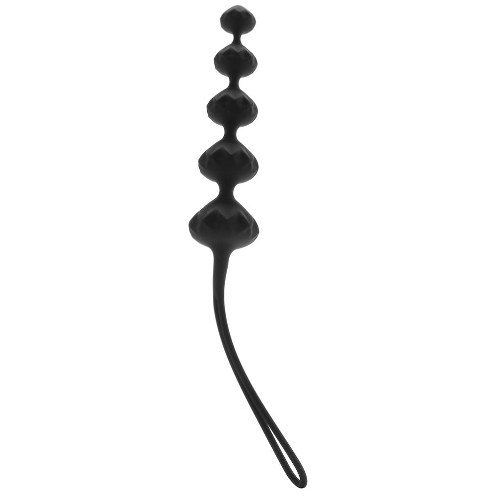 Black silicone anal training beads with a graduated shape and safety loop.