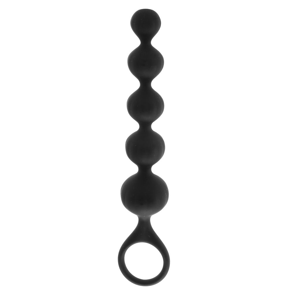 Black silicone anal training beads with a graduated shape and safety loop.