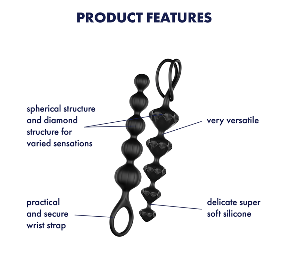 Black silicone anal training beads with varied textures and a wrist strap.