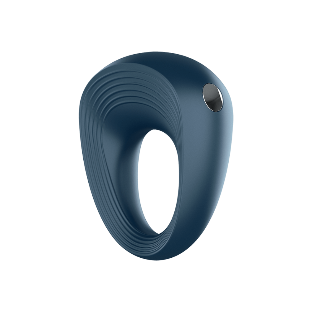 A blue vibrating cock ring with a textured surface and a silver button.