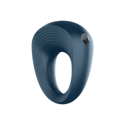 A blue vibrating cock ring with a textured surface and a silver button.