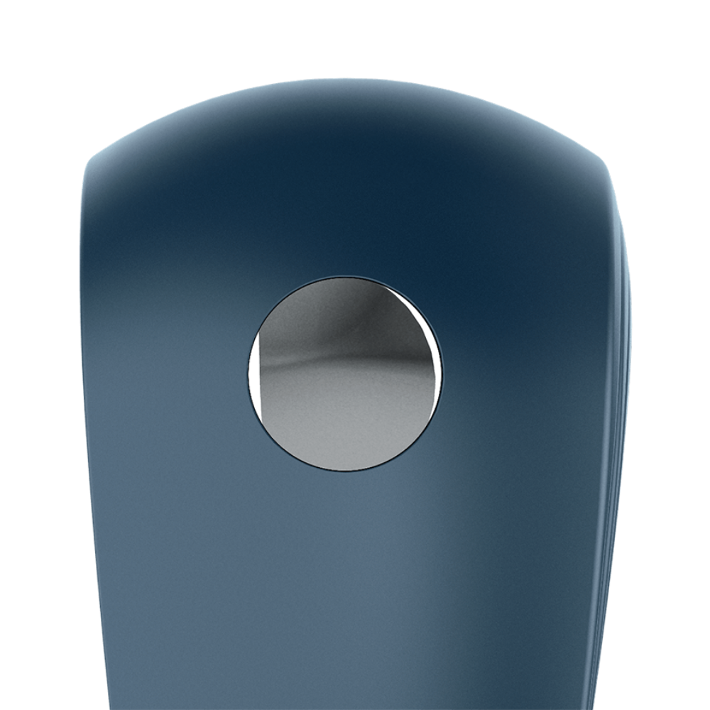 Blue vibrating cock ring with a silver circular insert.