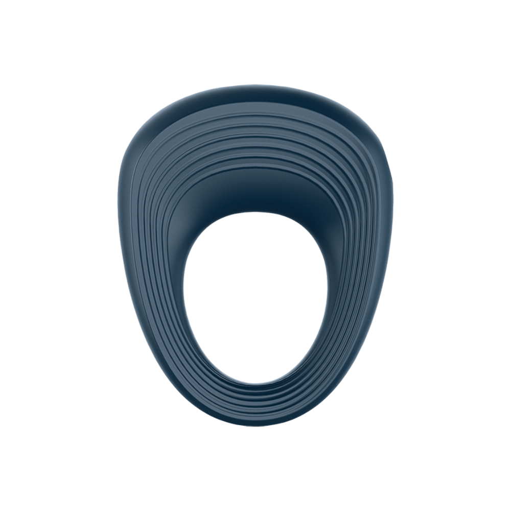 A blue vibrating cock ring with ribbed texture.