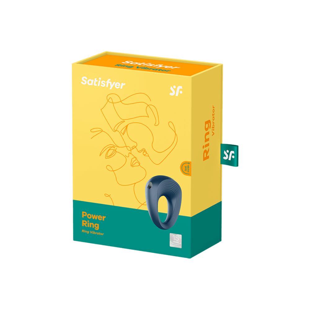 Satisfyer Power Ring vibrator in dark blue on a yellow and teal box.