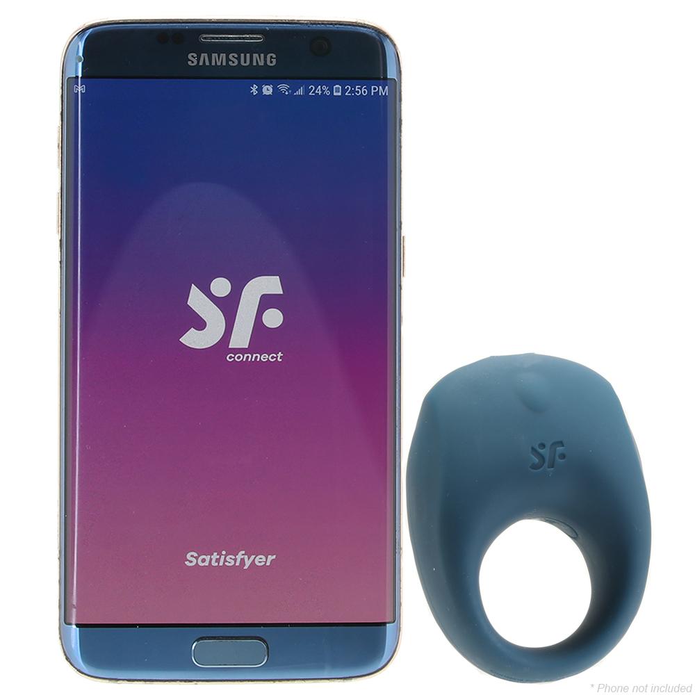Blue silicone app-controlled vibrating cock ring with Satisfyer branding.