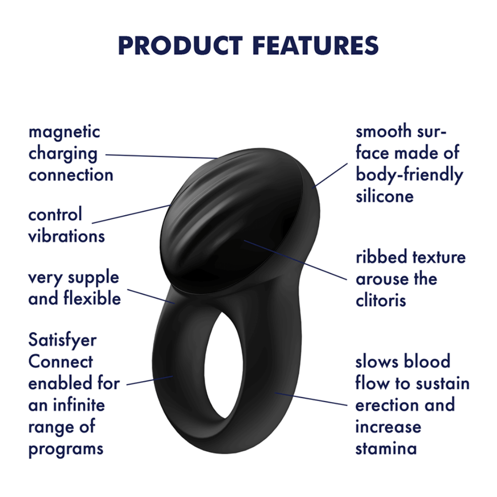 App-controlled vibrating cock ring made of body-friendly silicone with ribbed texture.