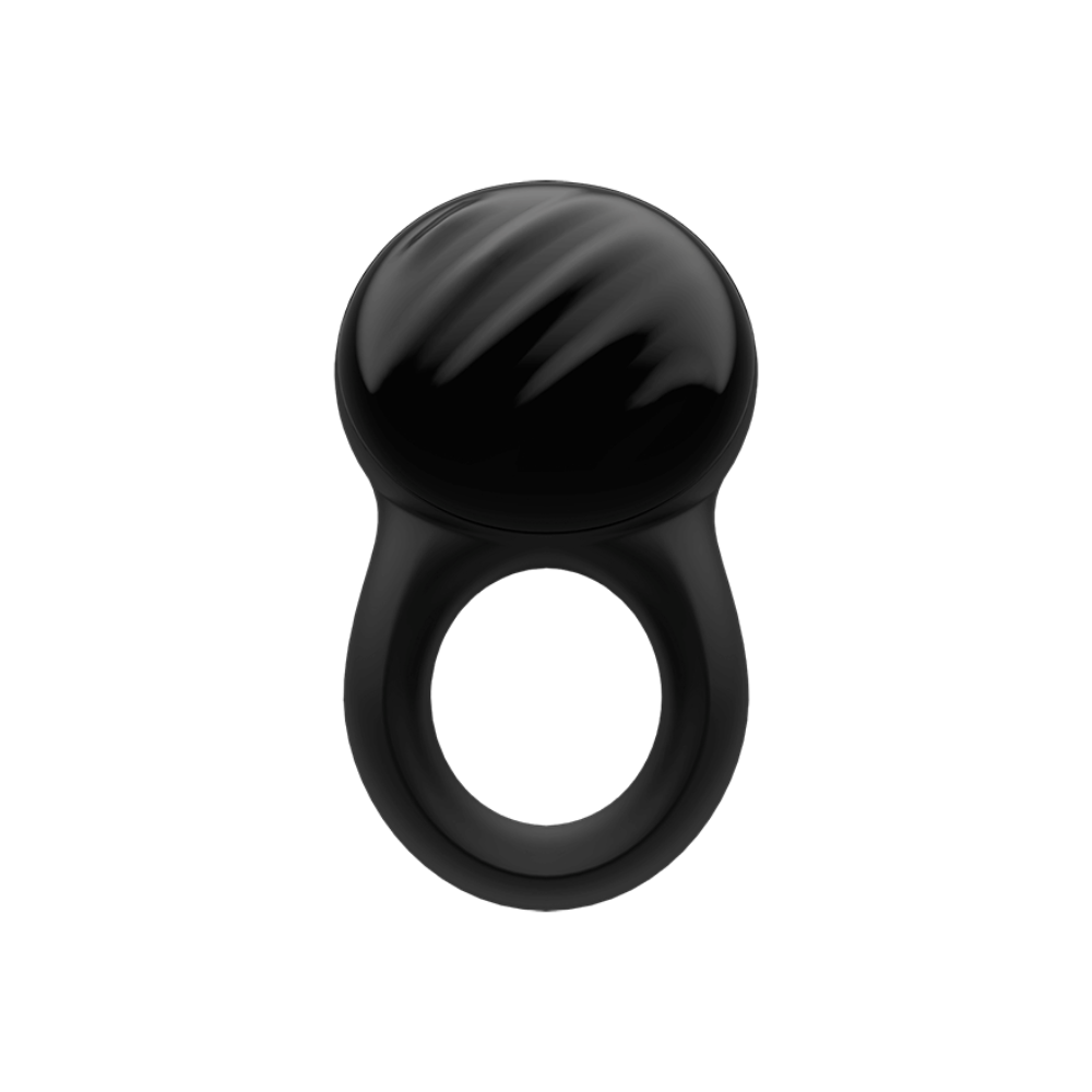 Black vibrating cock ring with a textured ball and a ring.