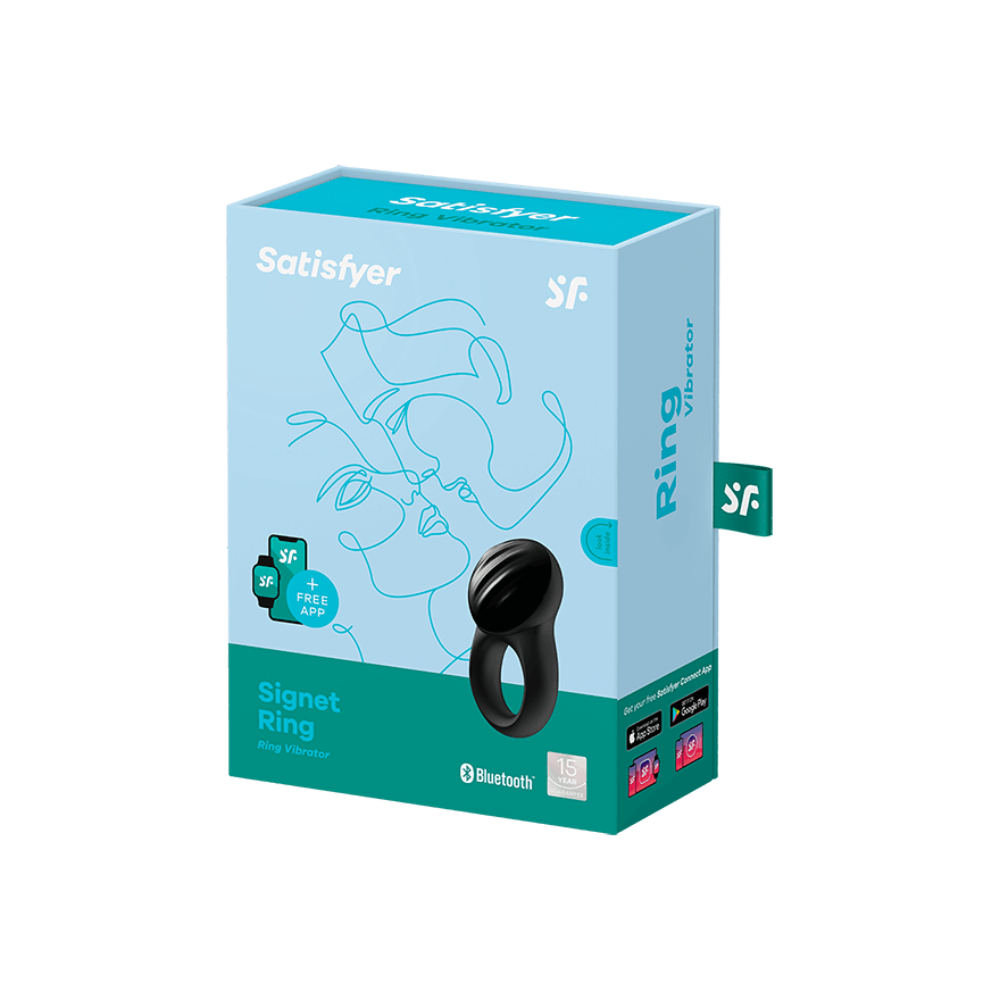 Satisfyer Signet Ring app-controlled vibrating cock ring on a light blue box.