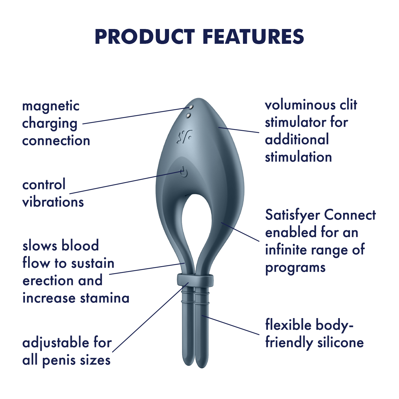 Slate blue adjustable silicone cock ring with app control and magnetic charging.