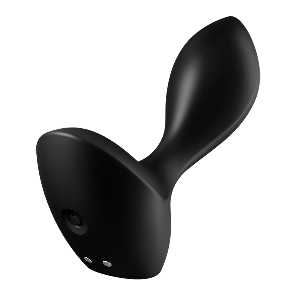 Black silicone anal vibrator with a rounded plug design and a wide base.