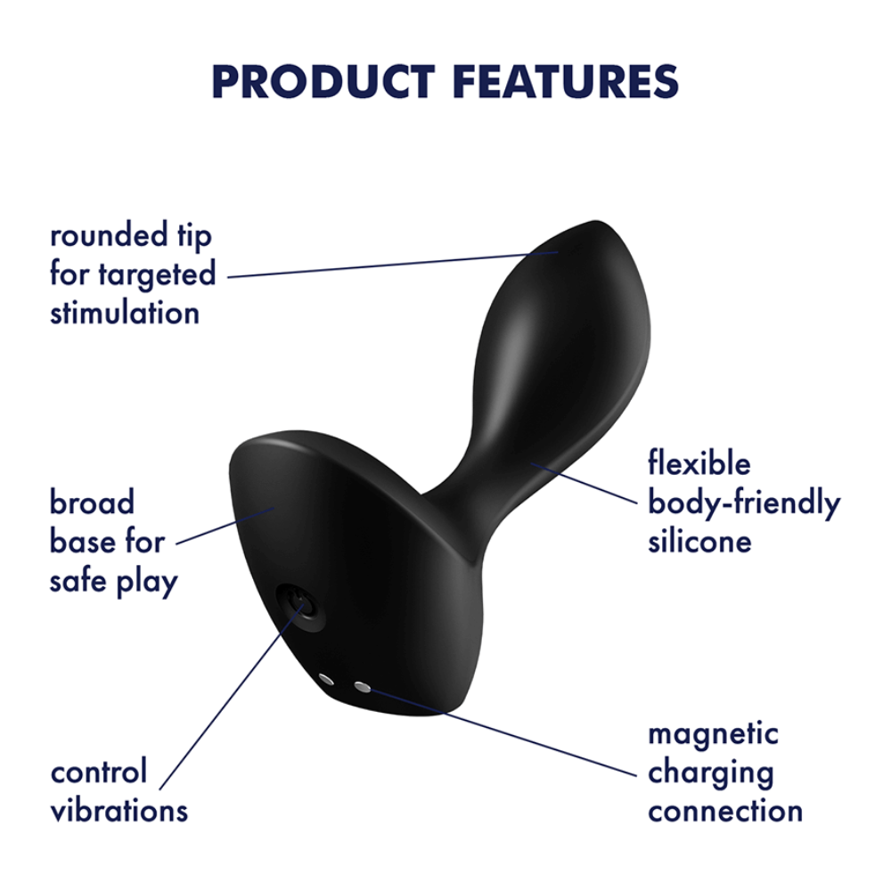 Black silicone anal vibrator with rounded tip, broad base, and magnetic charging.