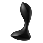 Black silicone anal vibrator with a curved shape and wide base.
