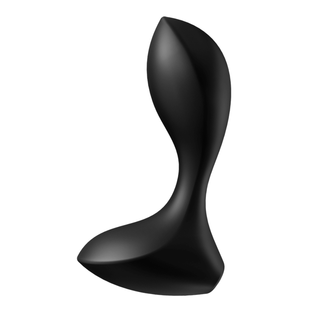 Black silicone anal vibrator with a curved shape and wide base.