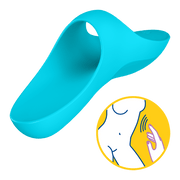 A teal finger vibrator with a circular inset showing a hand touching a body.