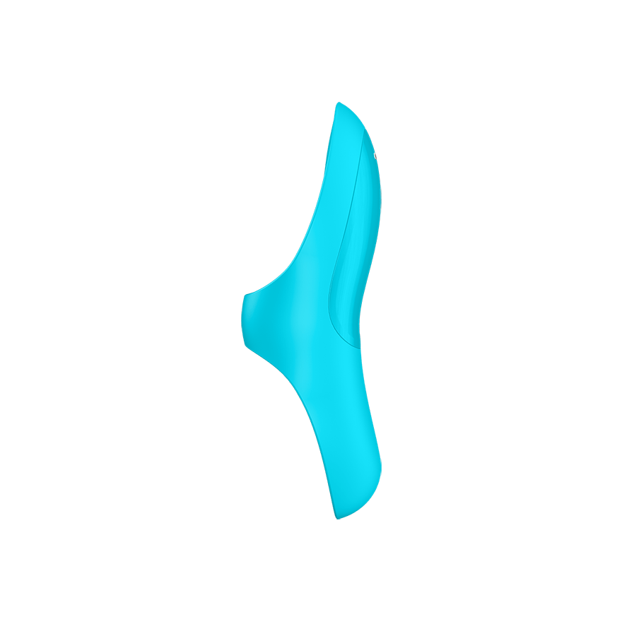 Teal finger vibrator with a curved shape.