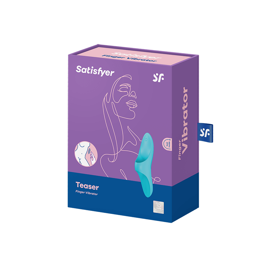 Satisfyer Teaser Finger Vibrator packaging with a teal vibrator and line art of a woman.