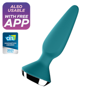 Teal app-controlled silicone anal plug with CES Innovation Award 2021 honoree badge.