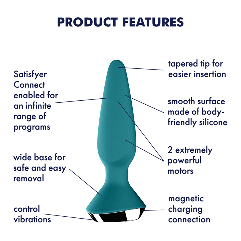Teal silicone anal plug with tapered tip, smooth surface, two motors, and magnetic charging.