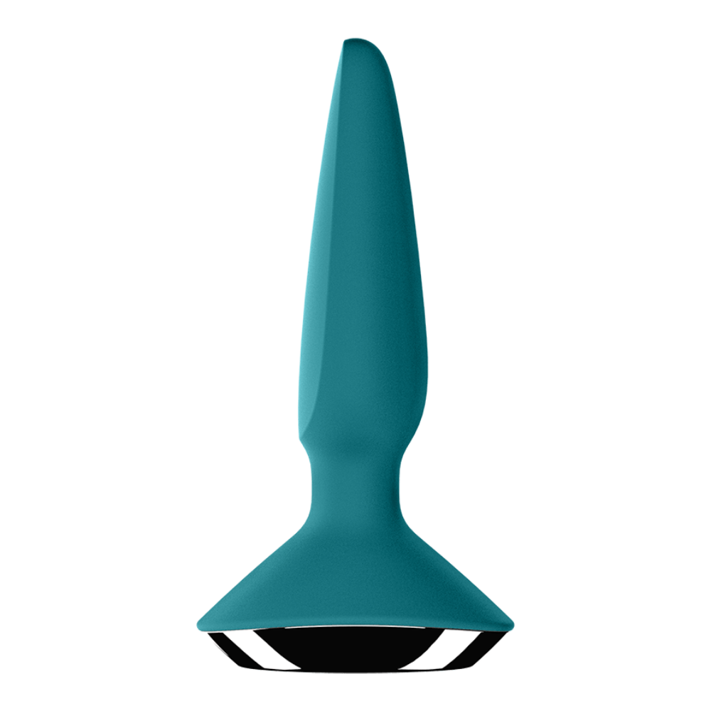 Teal silicone anal plug with a flared base and conical tip.