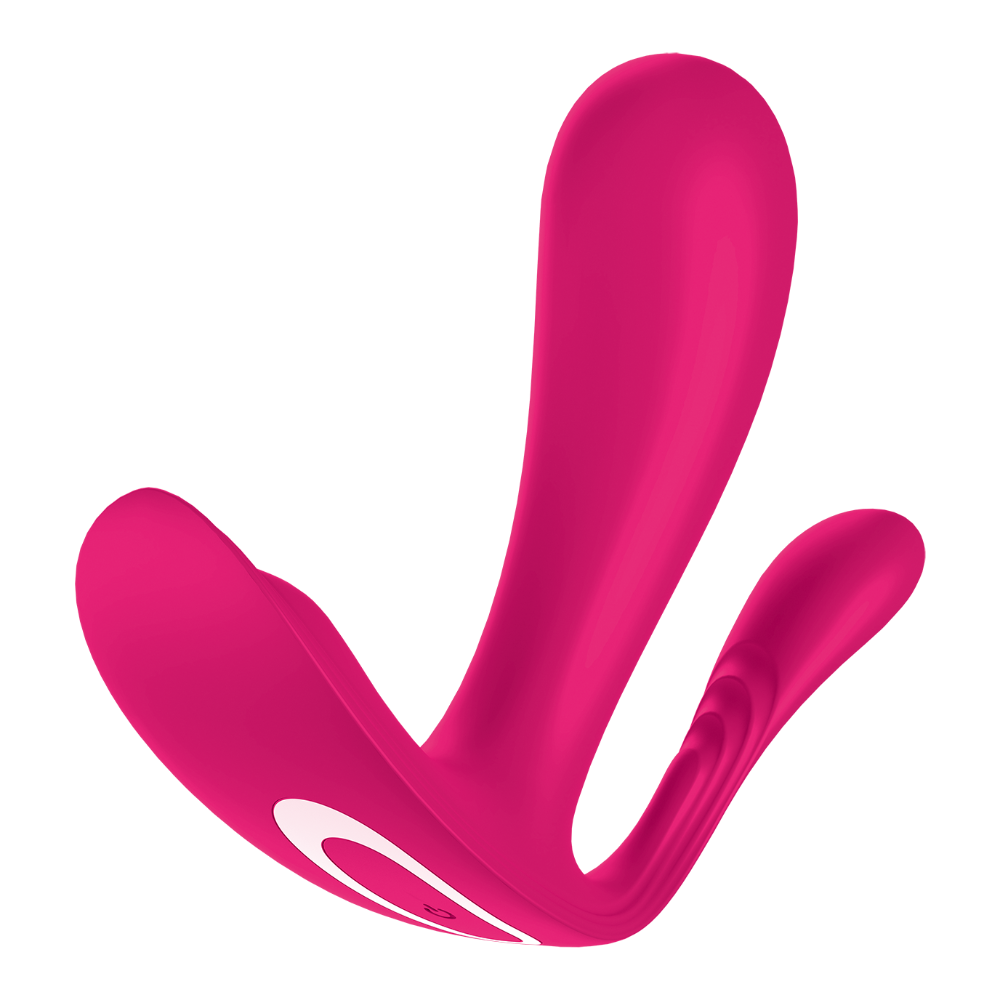 Pink wearable vibrator with dual motors and a curved design.