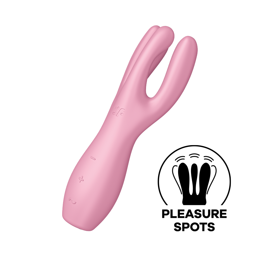 A pink lay-on vibrator with three flexible arms and control buttons.