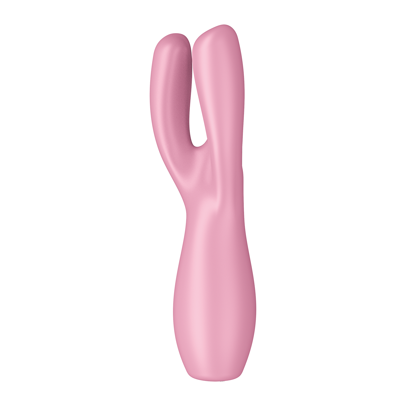 Pink silicone vibrator with two curved arms.