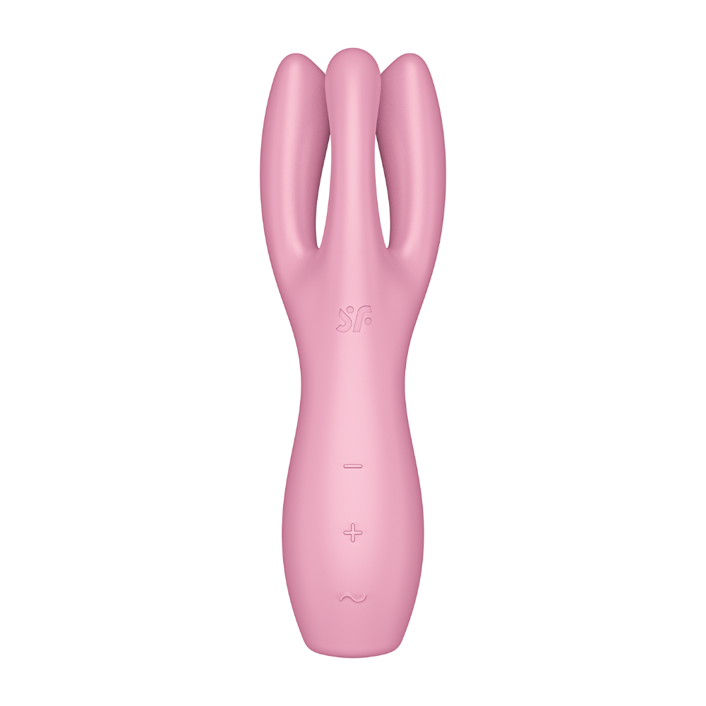 Pink lay-on vibrator with three flexible arms and control buttons.