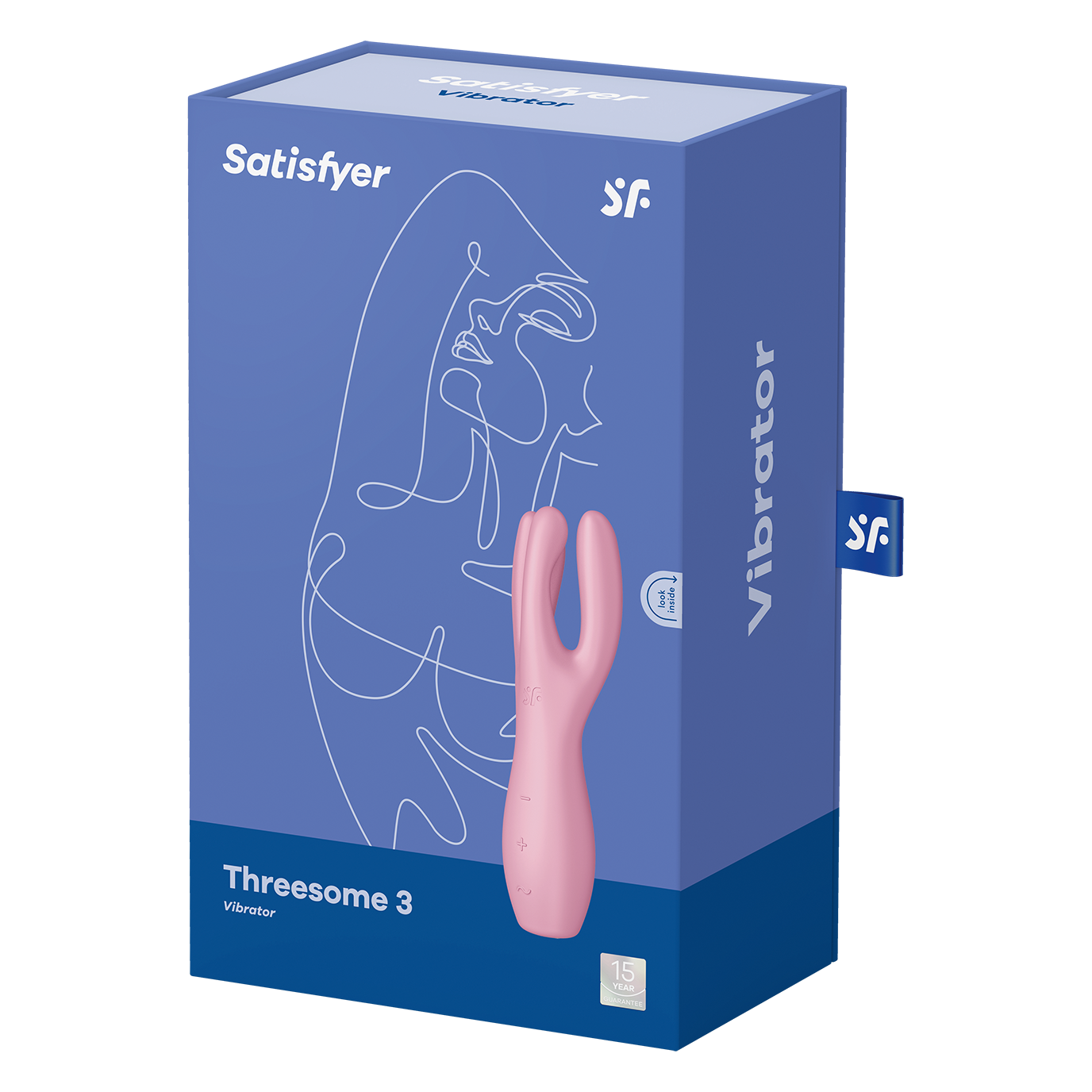 Satisfyer Threesome 3 vibrator in pink on a blue box.