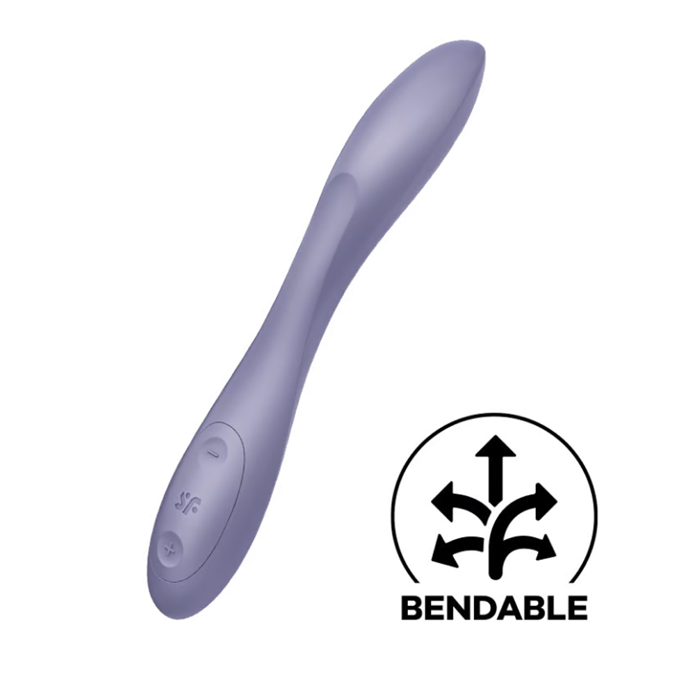 A dark violet flexible silicone vibrator with buttons and a bendable icon.