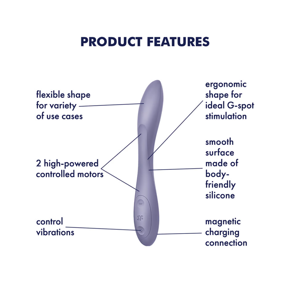 A flexible, dark violet silicone vibrator with ergonomic shape and magnetic charging.