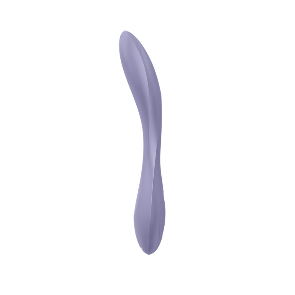 A dark violet flexible silicone vibrator with a curved, tongue-like shape.