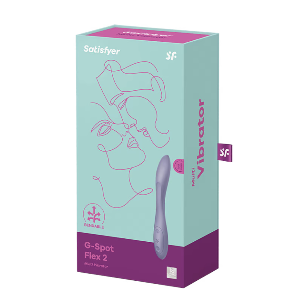 Satisfyer G-Spot Flex 2 dark violet silicone vibrator on a light blue and purple box.