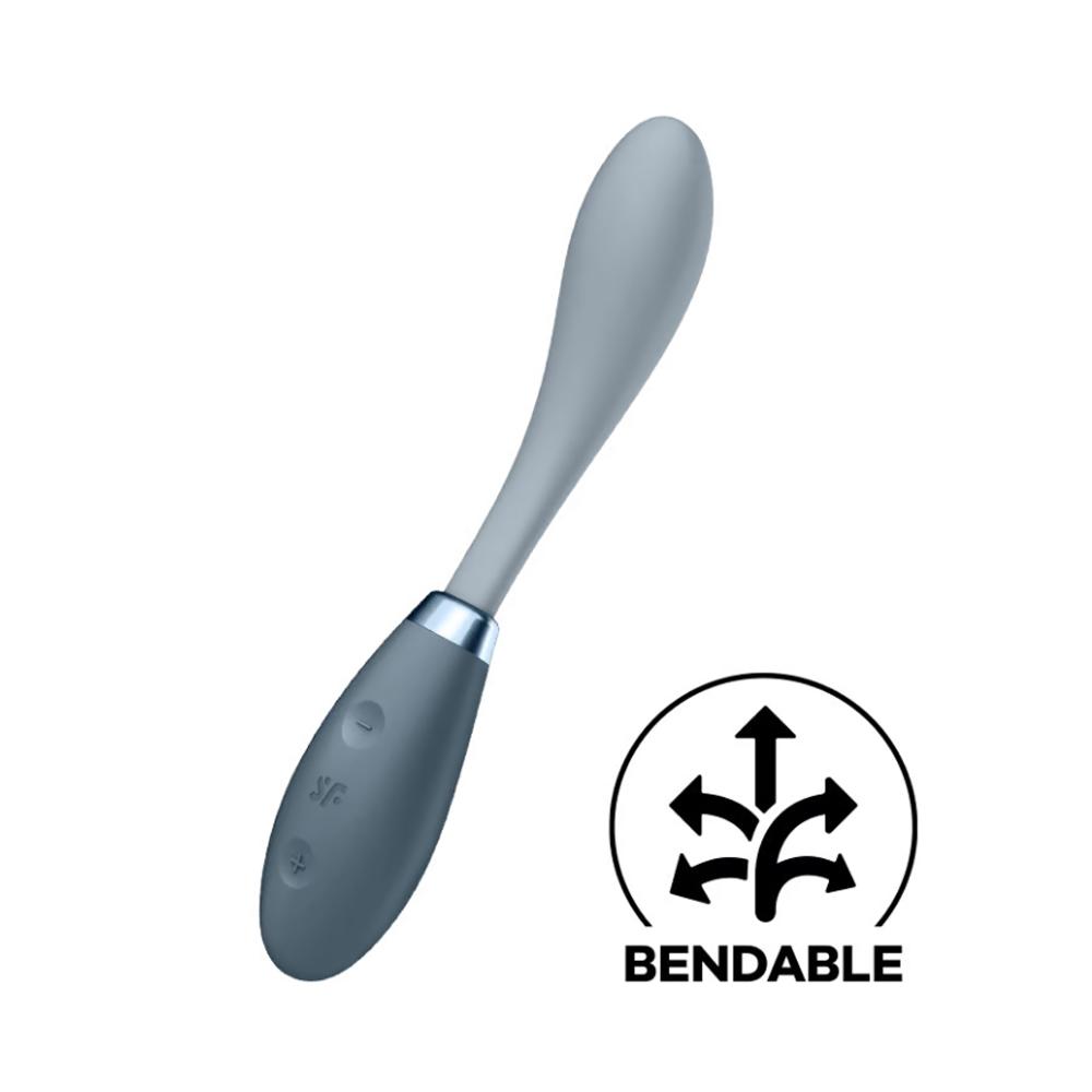 A grey flexible vibrator with a bendable shaft and a circular icon indicating flexibility.